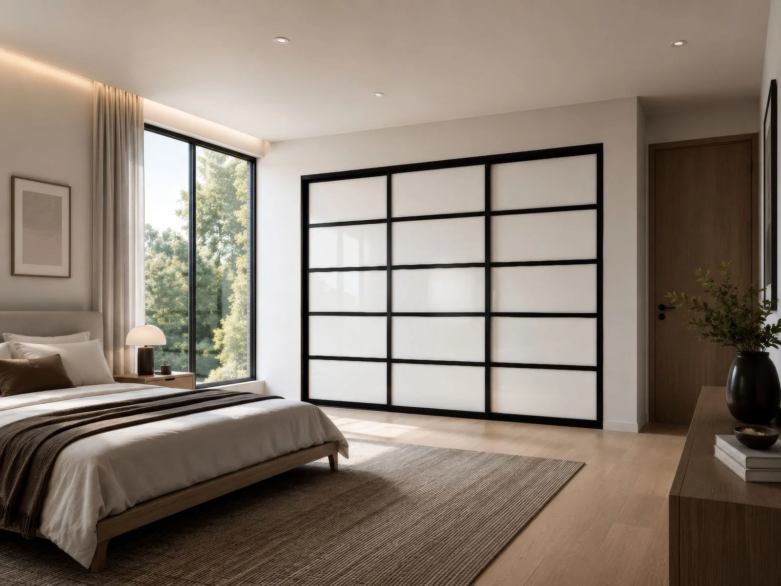 Timber-framed wardrobe doors with fluted glass panels