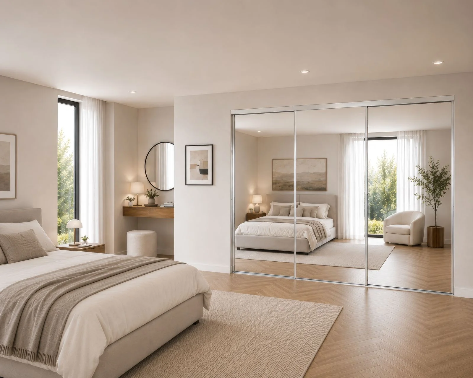 Framed mirrored wardrobe doors in a period-style bedroom