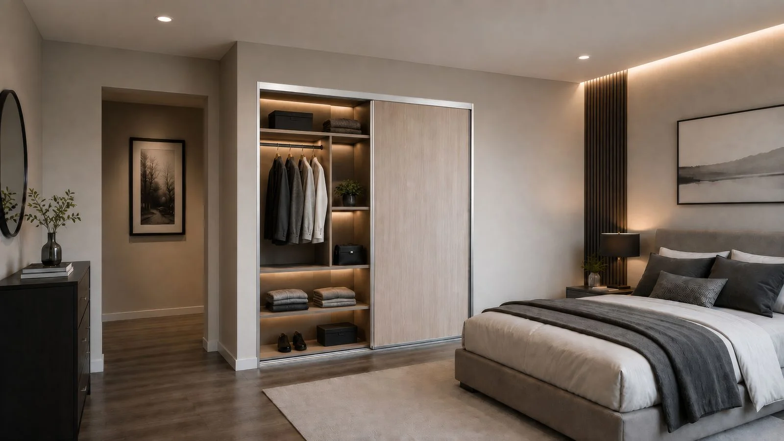 White sliding-door built-in wardrobe in a bright bedroom