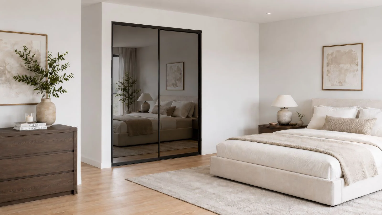 Timber-grain built-in wardrobe with sliding doors