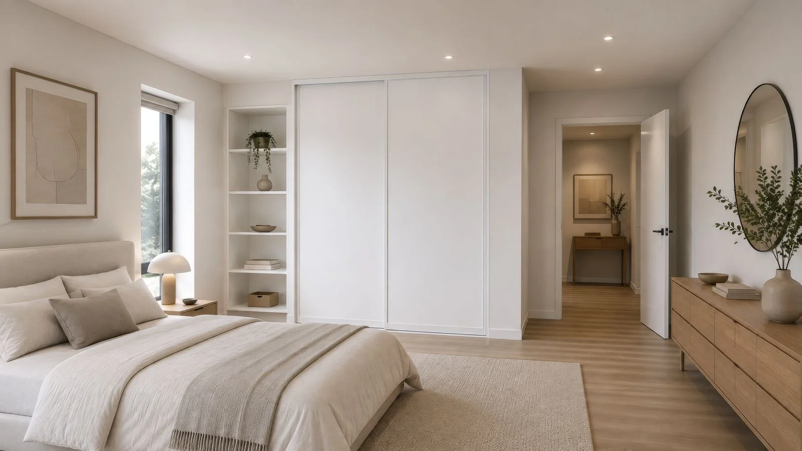 White built-in wardrobe with tall sliding doors