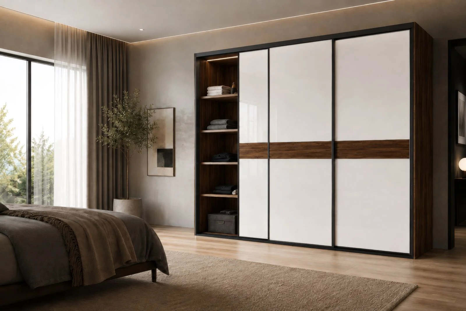 Dark timber-look built-in wardrobe doors in a family bedroom