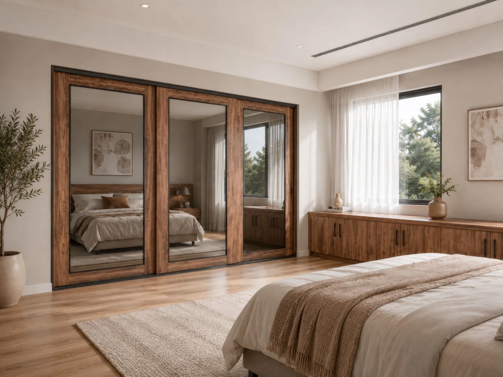 Custom-finished sliding wardrobe doors with matching grain panels