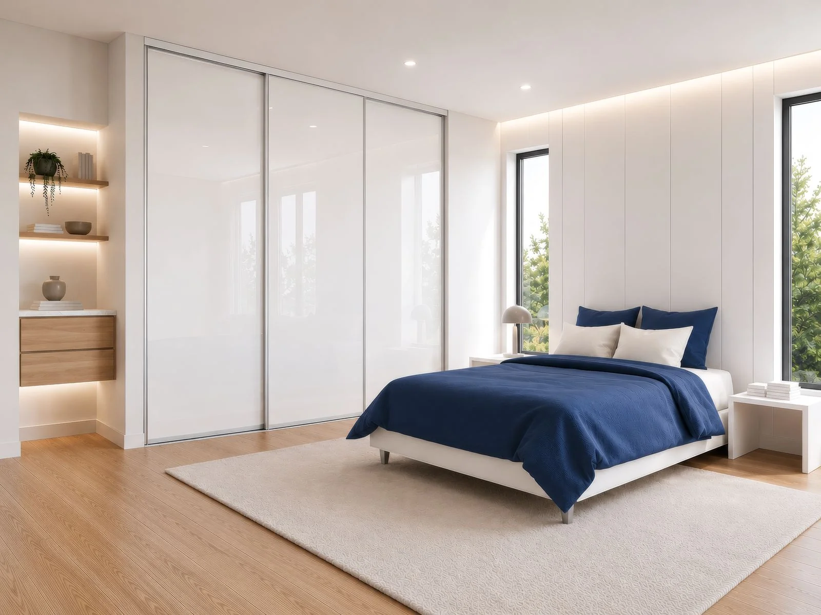 Bright bedroom with fitted white sliding-door wardrobes