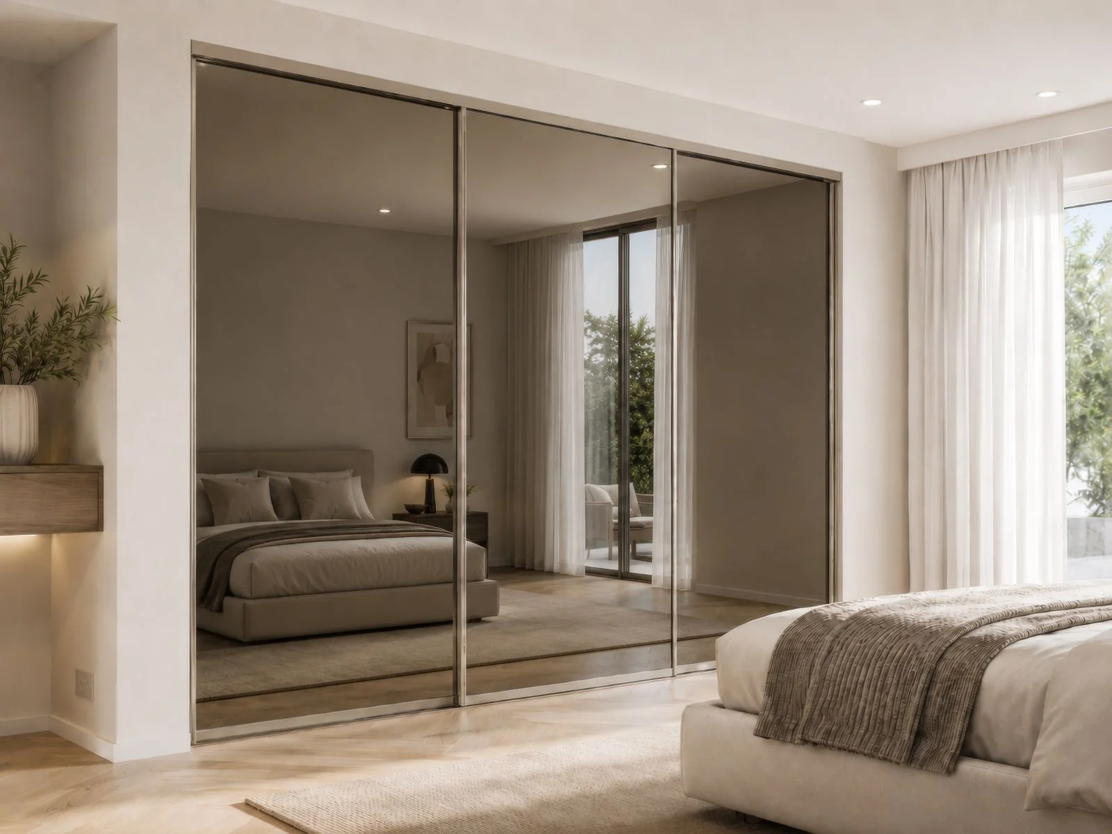 Neutral-toned built-in wardrobe doors beside a bed